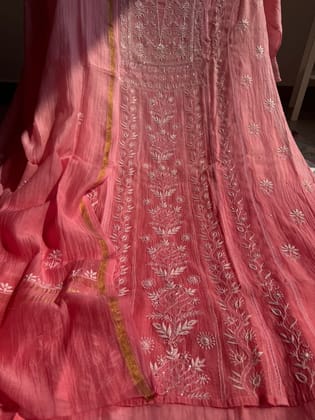 Mul Chanderi Chikankari Anarkali - Pink Ombre-Pink Ombre / Mul Chanderi