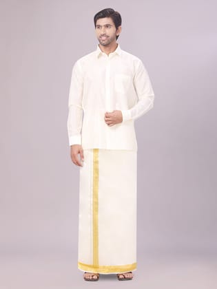 Men's Art Silk Cream Full Sleeves Shirt with 100k Gold Jari Border Dhoti Combo Finesse-36 / F/S / Cream