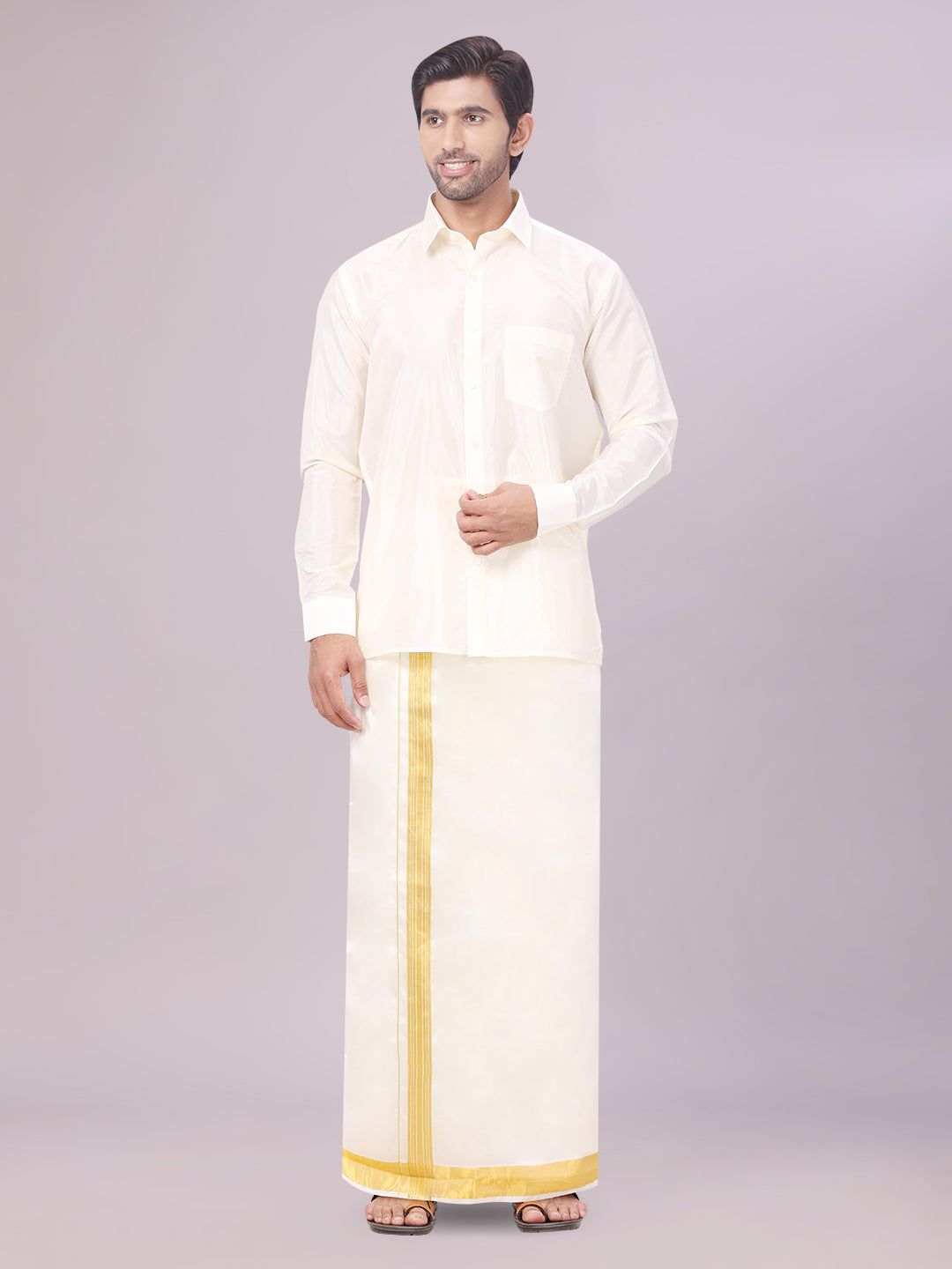 Men's Art Silk Cream Full Sleeves Shirt with 100k Gold Jari Border Dhoti Combo Finesse-36 / F/S / Cream