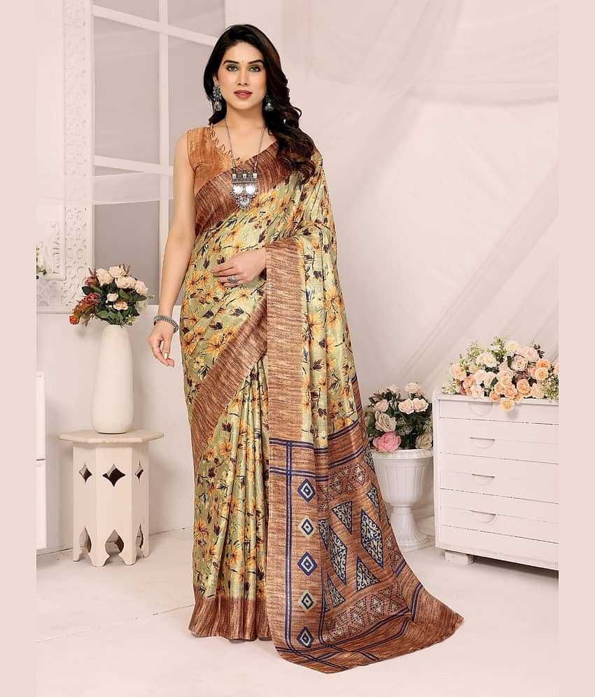 BLEESBURY Cotton Blend Printed Saree With Unstitched Blouse Piece ( Brown )