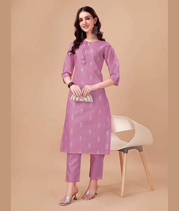 TRAHIMAM Cotton Blend Printed Kurti With Pants Women's Stitched Salwar Suit - Purple ( Pack of 1 )