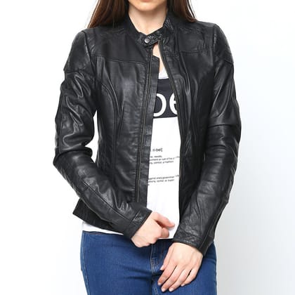 Black Leather Ladies Jacket With Zipper Closure-S