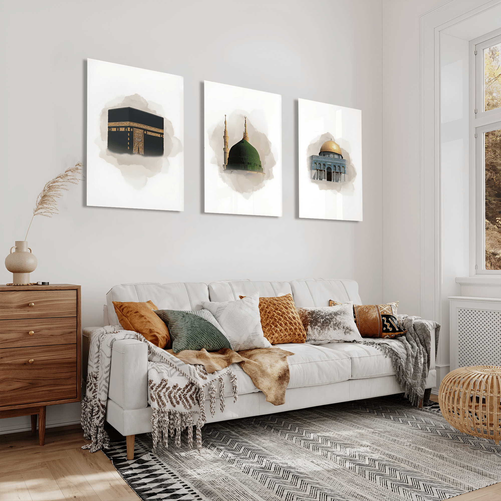 Kaaba Mecca, Masjid an-Nabawi Medina, Al Aqsa Islamic Canvas Wall Painting Set of 3-40x50 cm | 16x20 Inch