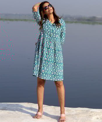Green floral handblock printed cotton dress