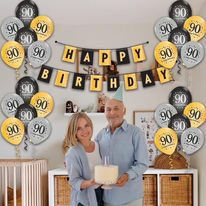 The Magic Balloons - Happy 90th Birthday Combo Kit | 90th Birthday Balloons & Paper Banner | 16pcs Pack | 15 Multicolor Balloons & 1 Paper Banner | Birthday Party Supplies for Men & Women