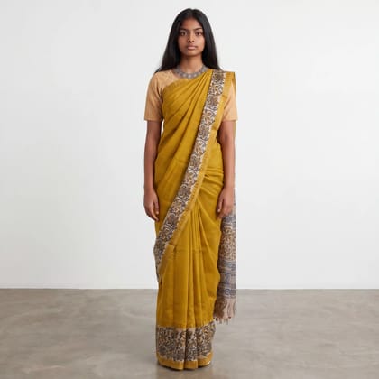 Pedana Kalamkari Block Print Saree Mustard Yellow