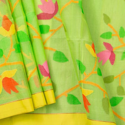 Light Green Dhakai Jamdhani Muslin Silk Saree With Tissue Zari For Office Wear PV MJ 97