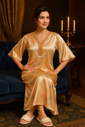 Women’s Premium Peach Satin Nighty – Soft & Smooth Printed Full-Length Nightwear with V-Neck | Lightweight, Breathable & Stylish Sleepwear