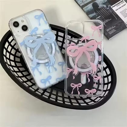Cute Bow Magsafe Pink Blue iPhone Transparent Soft Only Case-iPhone 11 / Pink
