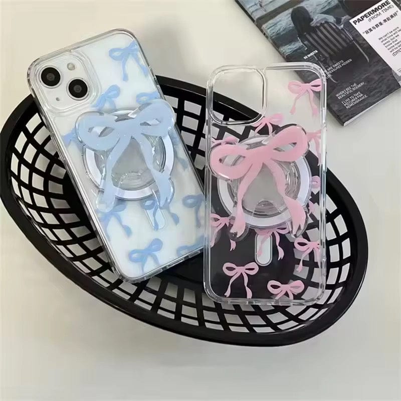 Cute Bow Magsafe Pink Blue iPhone Transparent Soft Only Case-iPhone 11 / Pink