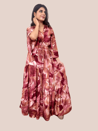 Pink Floral Printed Long Dress-S