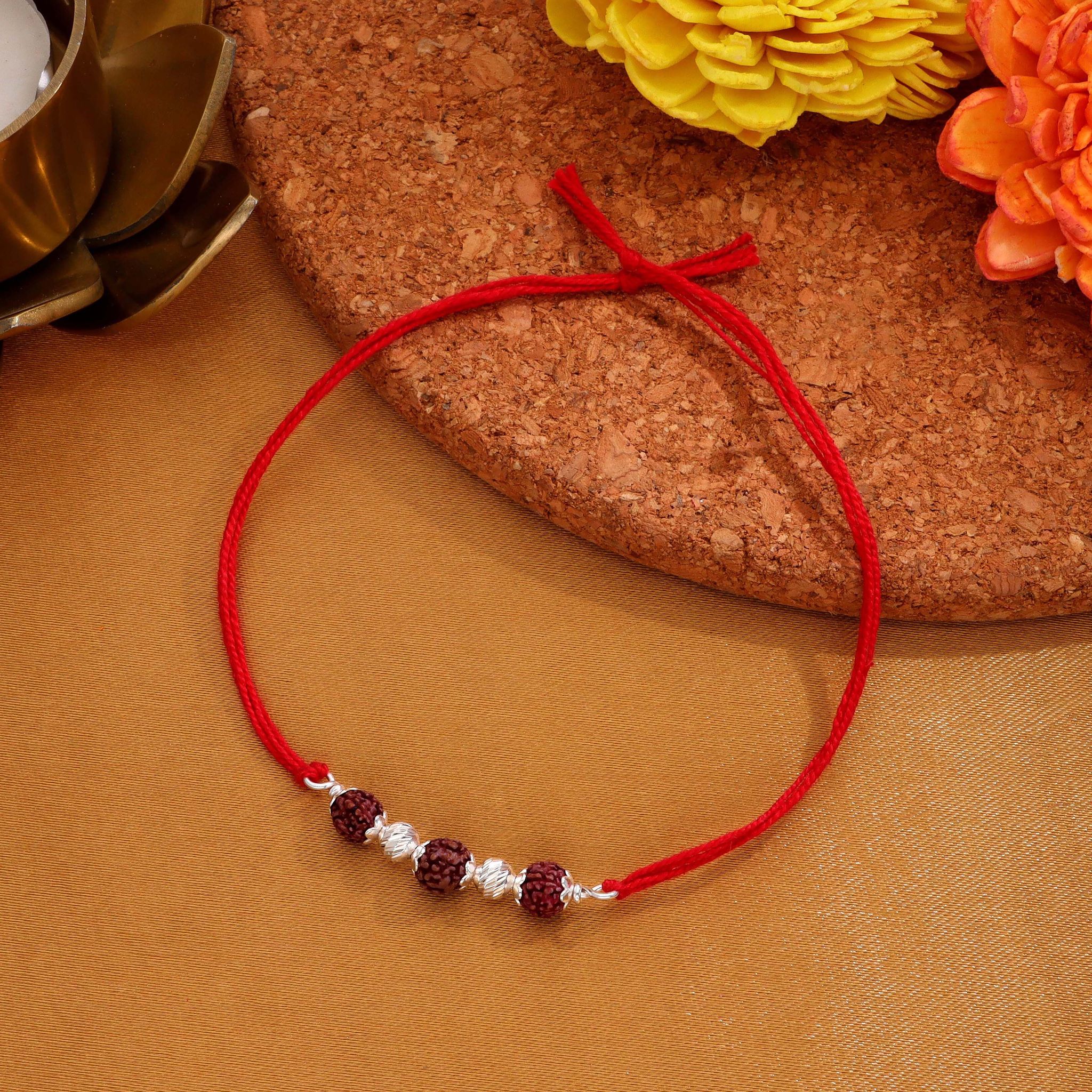 Rudraksha Beaded Silver Rakhi - Blessing & Strength-None / Silver