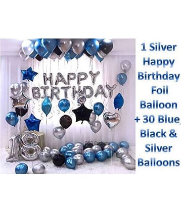 Happy Birthday Letters Toy Foil Balloon (13 Pieces) +30 Metallic Balloons (Blue, Silver &Black)