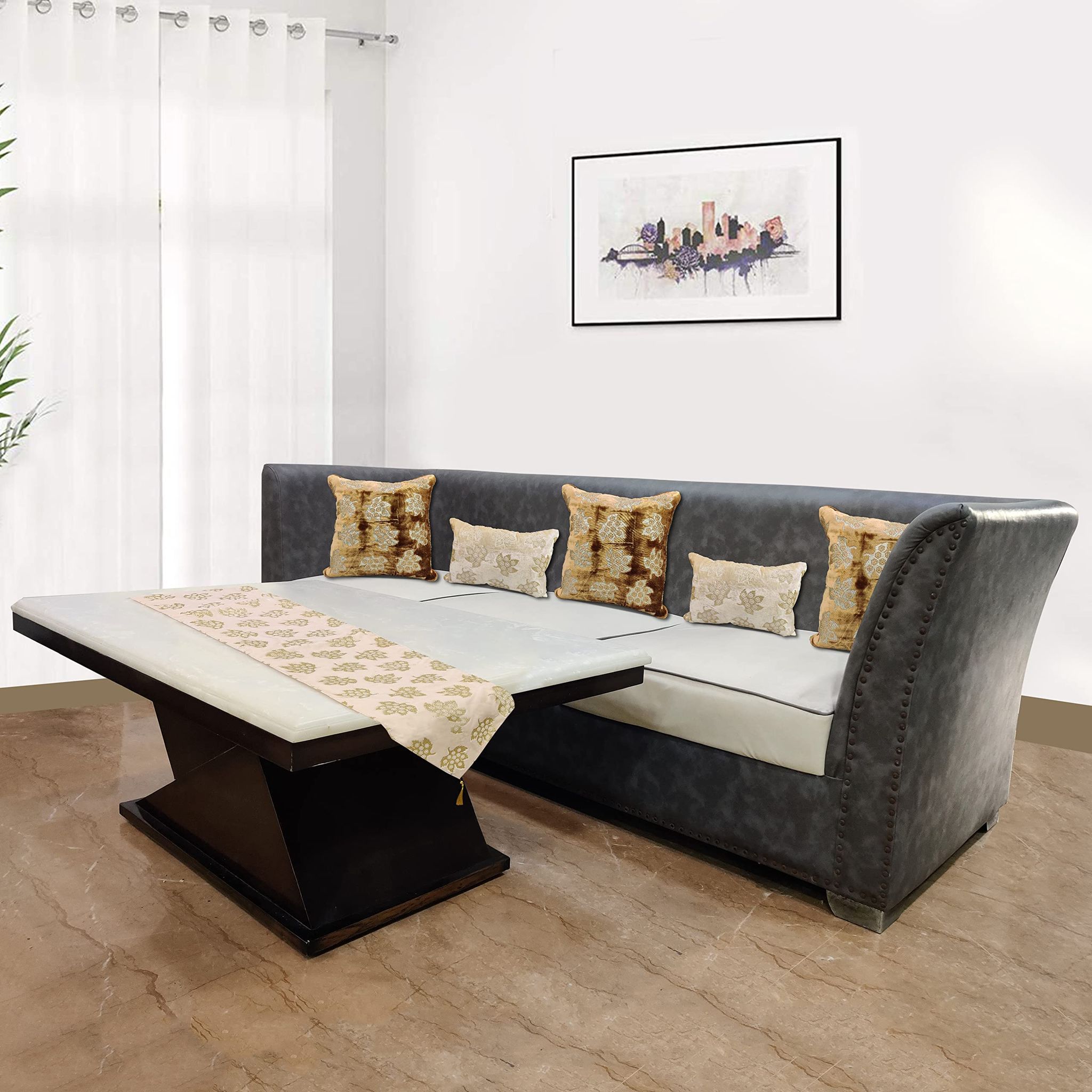 Ivory Brown IVelvet Table Runner (12inch x 59 inch) with Set of 3 Sofa Cushion Covers (16inch x16 inch) and 2 Sofa Cushion Covers (12inch x18 inch) Decorative Table RunnersI