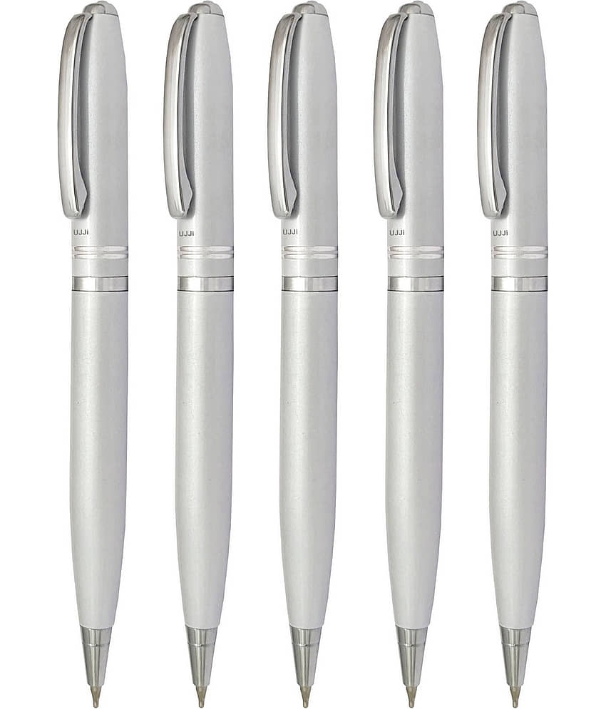 UJJi Two Ring White Color Twist On & Off Pack of 5pcs (Blue Ink) Ball Pen