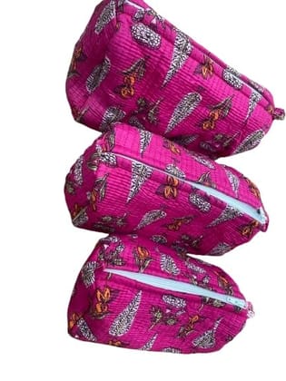 Quilted Makeup Pouches, Magenta Pink with Butterfly Print, Zippered Travel Bags, Set of 3