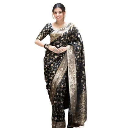 Women's Silk Printed Saree With Unstitched Blouse 5.5Mtr (Black)-PID60136