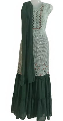 99ladies Store Sea Green Sleeveless Embroidered Sharara Style Long Dress with Attached Dupatta for Women