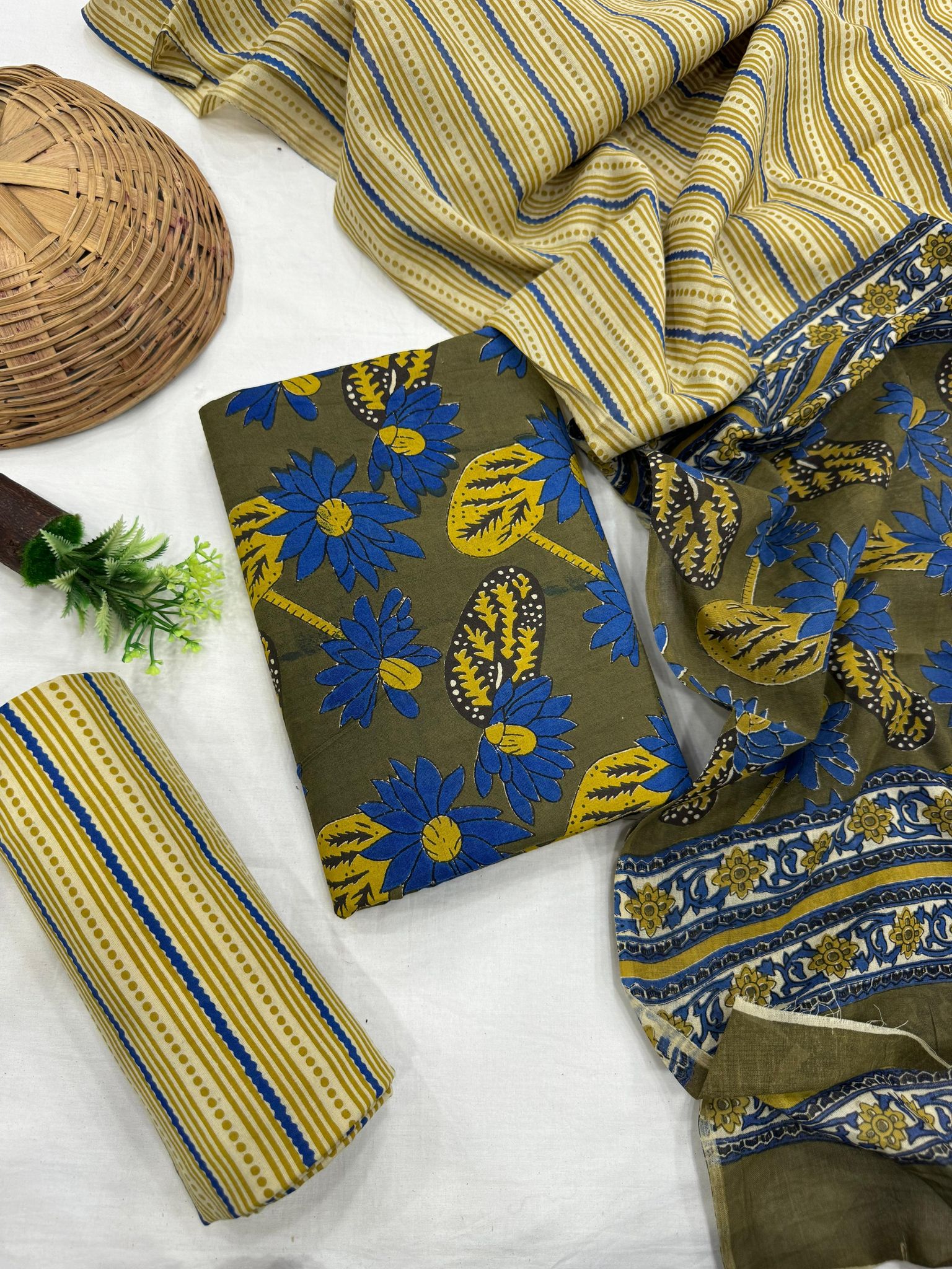 Jaipuri Block Printed Cotton Suit Set With Mulmul Dupatta