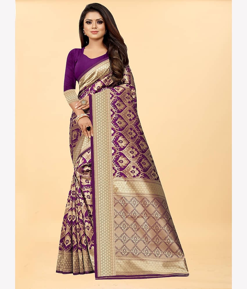 Gazal Fashions Banarasi Silk Embellished Saree With Unstitched Blouse Piece ( Wine )