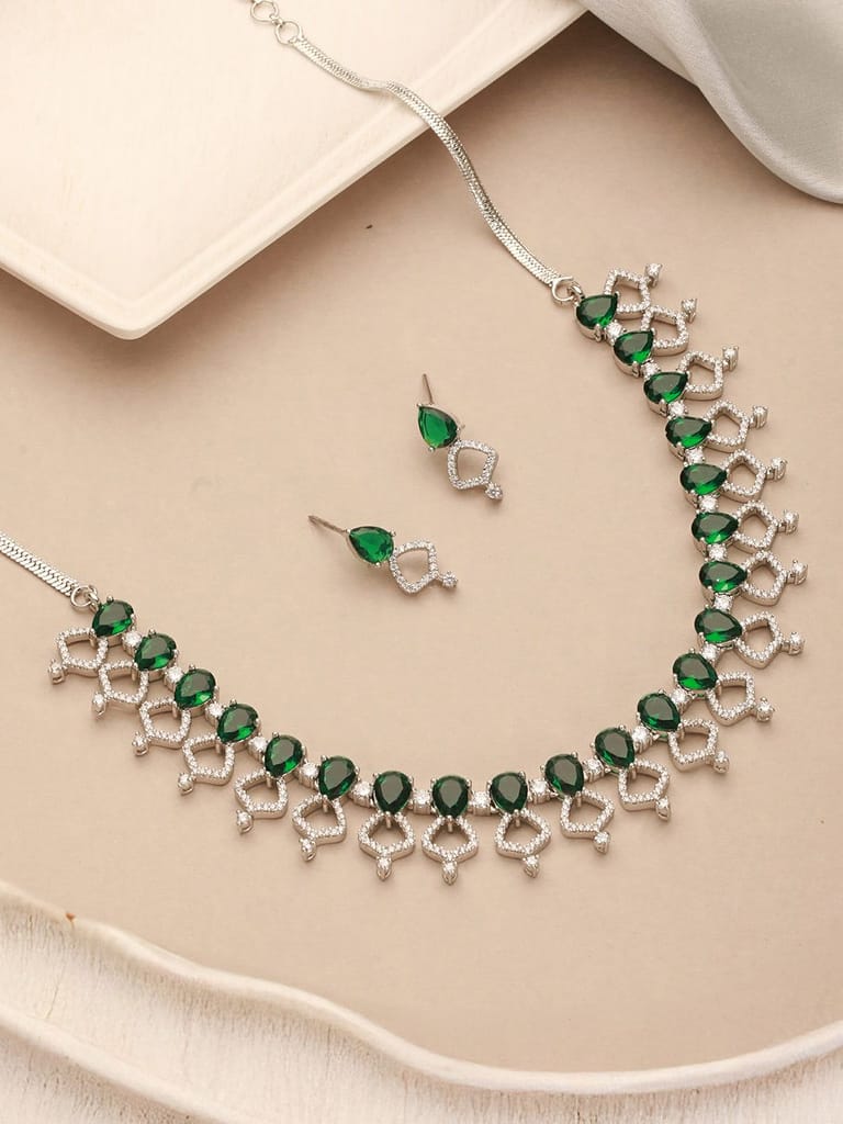 Silver Toned Rhodium Plated Emerald Green AD Studded Designer Jeellery Set - Jewellery Sets | Buy online on ZillyBuy