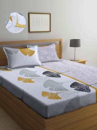 Grey & Yellow Floral 300 TC King Bedsheet with 2 Pillow Covers