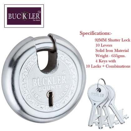 BUCKLER Bounty Heavy Duty Shutter Lock Main Door, Main Gate, Office, Home, Go-Downs for Extra Security (Iron-Steel, 92MM, 10 Levers with 4 Unique Keys 2 Piece)