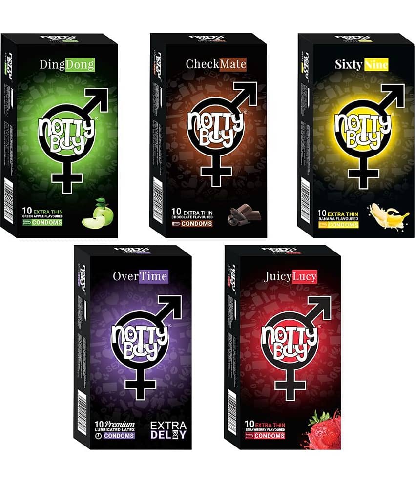 NottyBoy Honeymoon Pack Extra Delay, Strawberry, Chocolate, Banana and Fruit Flavour Condoms - 50 Units