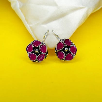 Oxidized Silver Ruby Red Stud Earrings For Girls Women