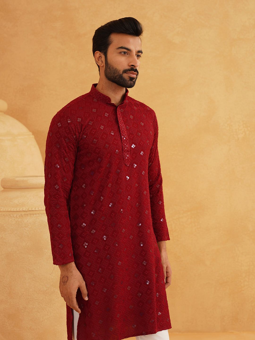 Men's Cotton Embroidered Sequinned Maroon Long Kurta-36