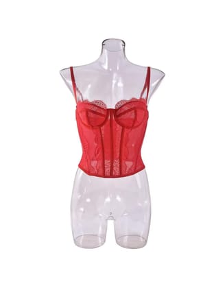 Spaghetti Strap Boning Corset Lace Top-Red / M