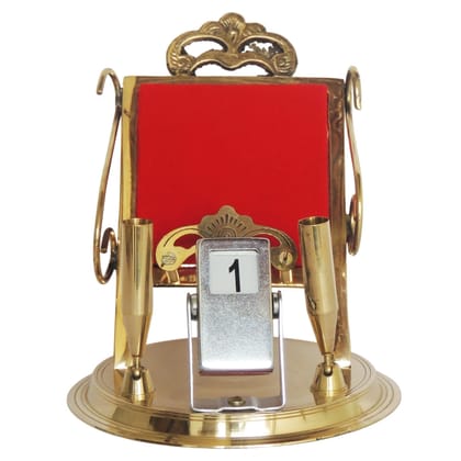 Brass Pen Stand With Mobile Holder & Date Display | Office Desk Organizer, Height : 5.2 Inch (ZMAS259 A)