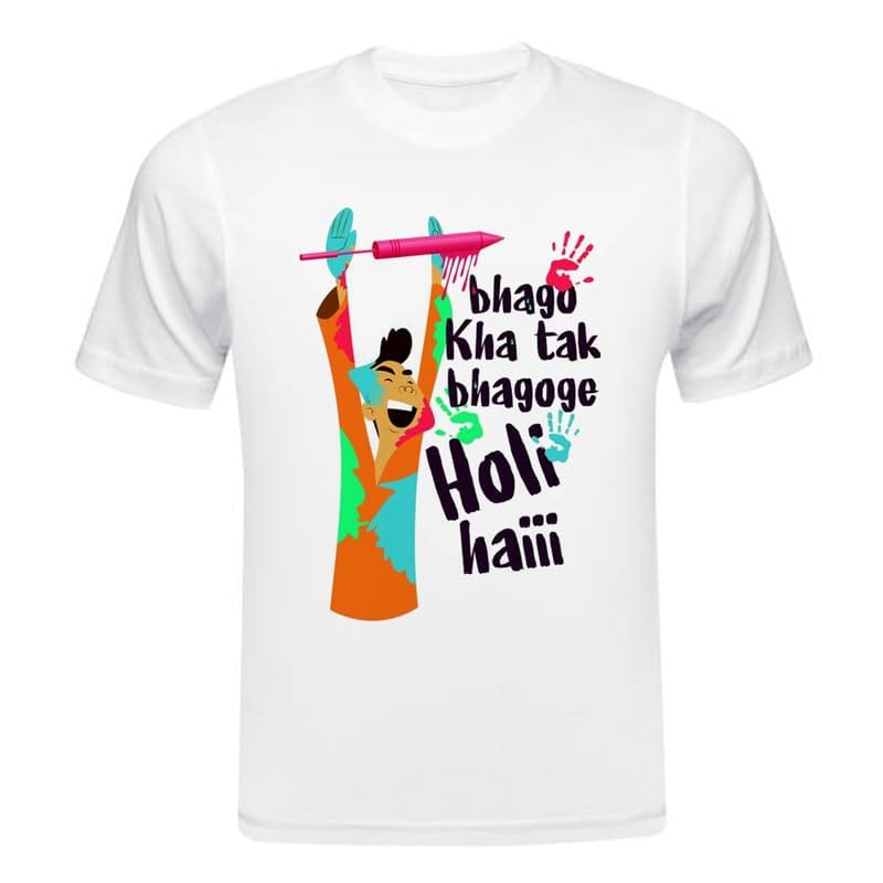 TERA MERA GIFT, Holi Printed T-Shirt, Happy Holi Festival T-Shirt, White Polyester, Reguler Fit, Round Neck, Short Sleeve, Unisex H110
