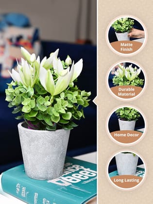 White & Green Artificial Flower with Pot - Cylindrical Shape