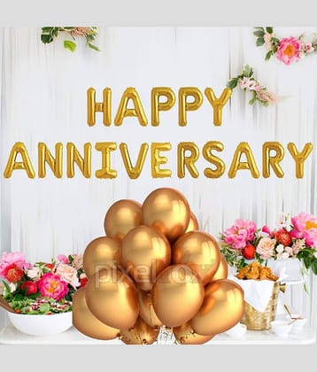 Pixelfox Happy Anniversary (16 Gold Foil Letters)  + 30 Metallic Balloons (Gold)