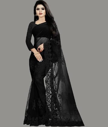 Apnisha Net Embroidered Saree With Unstitched Blouse Piece ( Black )