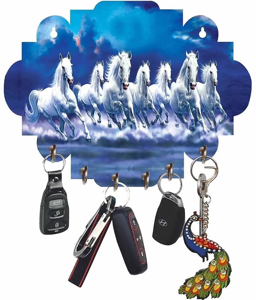 SNDArt Vastu 7 Running Horses Wood Key Holder (Pack of 1)