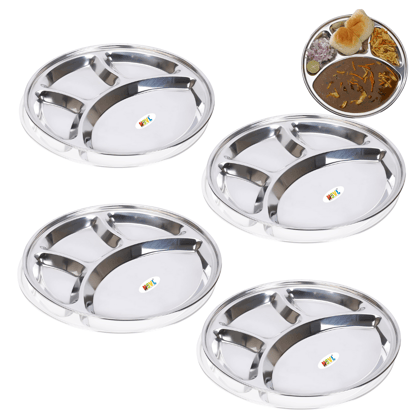 Nsvl Stainless Steel Round Lunch Dinner Plate Bhojan Thali 4 in 1 Compartments Dinner Set Round Plate, Thali, Mess Tray, Dinner Plate, Steel Plate with partition-PACK OF 4
