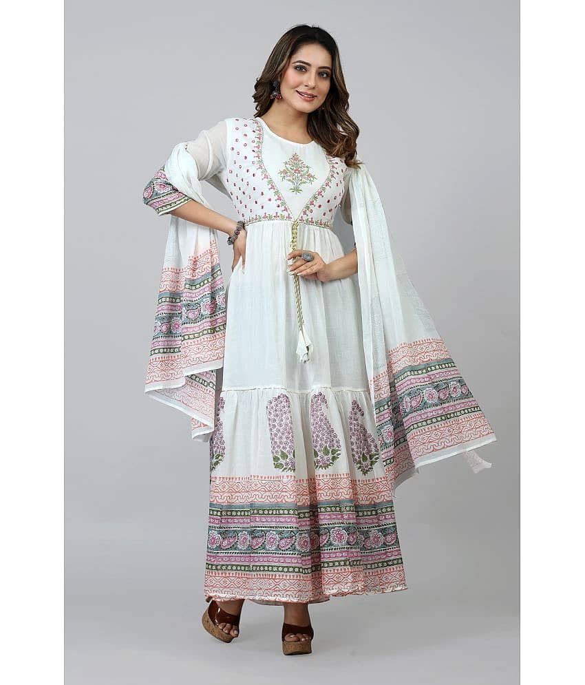 SARRAS - White Flared Cotton Women's Stitched Ethnic Gown ( Pack of 1 )