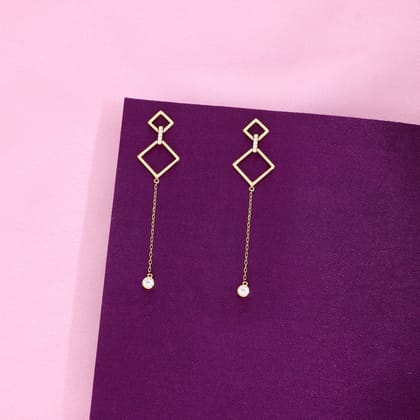 Stylish Diamond Shapped Danglers Silver Earrings-White Stone / Gold