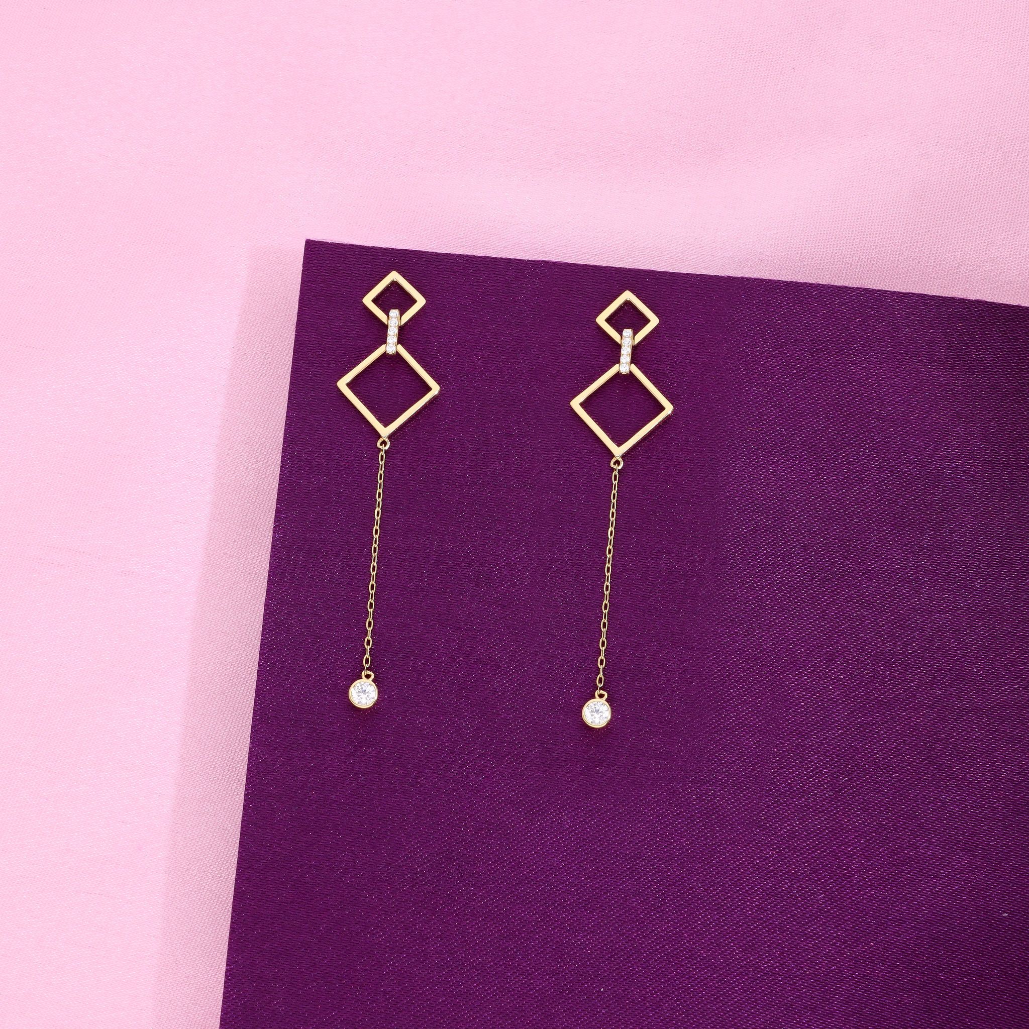 Stylish Diamond Shapped Danglers Silver Earrings-White Stone / Gold