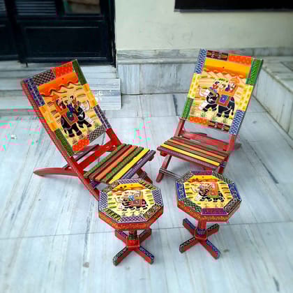 Chairs & Side Tables Set For Indoor & Outdoor | Folding Chair & Stool Set | Wooden Furniture  - For Patio, Home, Living Room, Garden, Terrace Decor & Gifts - Set of 4