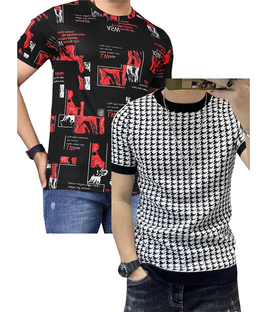 FABRIPPLE Polyester Regular Fit Self Design Half Sleeves Men's Round T-Shirt - Multicolor ( Pack of 2 )