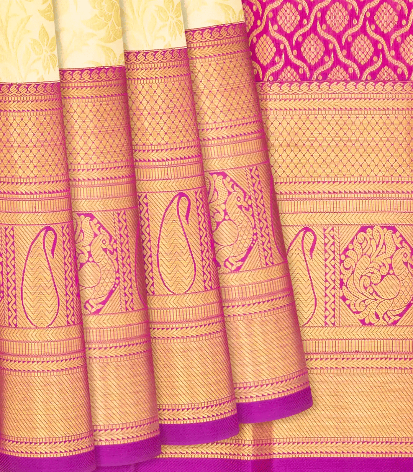 Cream Handloom Kanchipuram Silk Saree With Floral Motifs-Cream-Cream