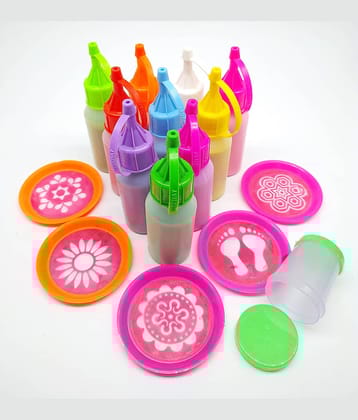 PRANSUNITA Complete Rangoli Making Tool Kit- Includes 10 Bright Rangoli Colour in Comfortable Squeeze Bottle Pack (Total 1000 GMS) – 5 pcs Mini 3-inch Rangoli Channi Stencil & Colour Filler