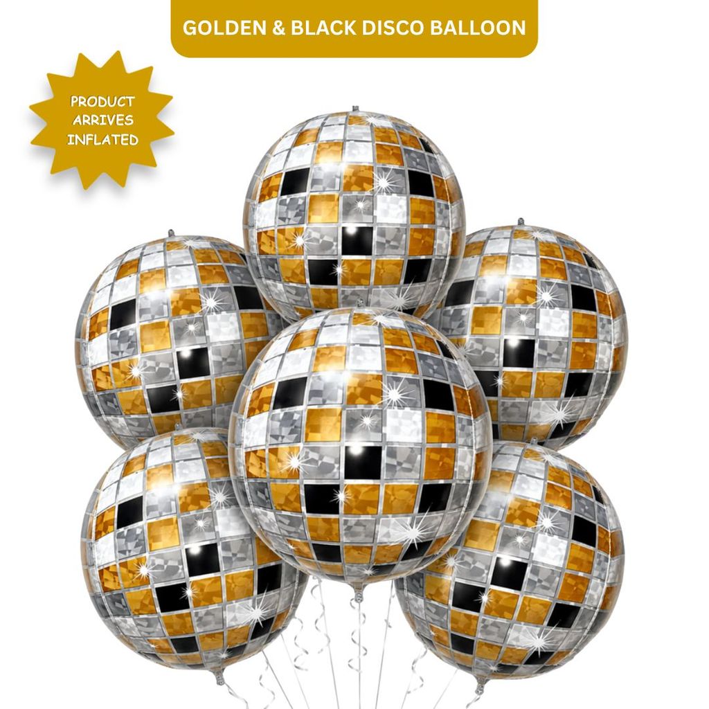 4D Golden & Black Disco Ball Foil Balloons (Pack of 6) | Helium Filled & Delivered Inflated | Party Decoration Balloons - Party and Festive Needs | Buy online on ZillyBuy