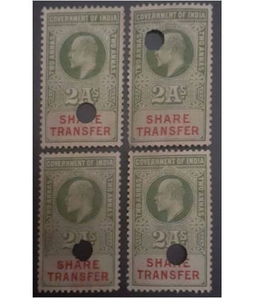 Extremely Rare Old Vintage British India King Edward VII 2 Annas Share Transfer Lot of 4 Stamps,,,,Collectible