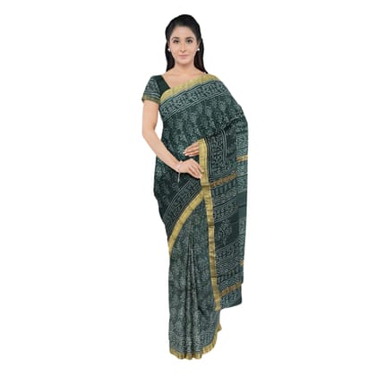 Katan Silk Saree Block Print Green| Handmade block print | Silk Saree| Festive Wear |Green