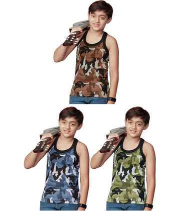 Rupa Frontline Green, Bue and Brown Cotton Sleeveless Military Print Vests for Kids/Boys Pack of 3