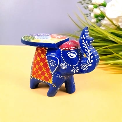 Elephant Showpiece | Elephant Table Showpiece - for Placing Small Pots & Tea Lights - for Home, Living Room Decor & Gifts - 4 Inch (Blue, Wood)-Pack Of 1